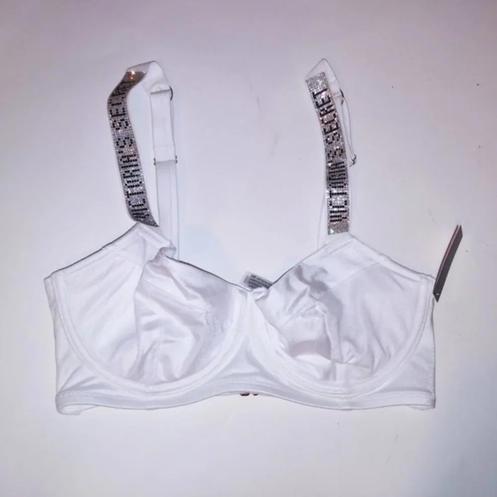Victoria Secret Swim Bikini Top 32DD‎ White Shine Strap Bling Logo Solid New - Picture 8 of 10